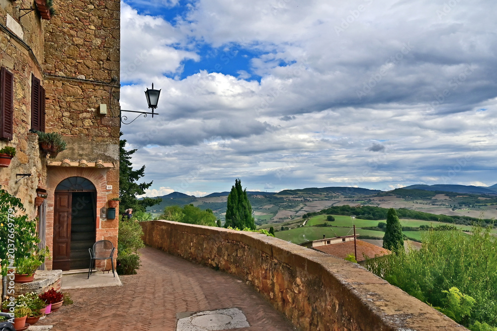 Naklejka premium Pienza, le colline della Val d'Orcia dalla loggia di Palazzo Piccolomini, Val d'Orcia, Toscana