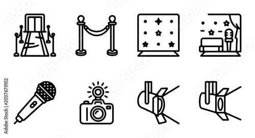 Red Carpet Event Icons, VIP Access, Stage Performance, Photography, Spotlight, Vector Set