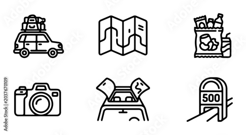 Road Trip Icons: Car, Map, Snacks, Camera, Luggage, Milestone Marker Vector Set