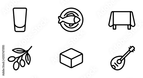 Greek Restaurant Icons Set: Food, Drink, Music, Table, Olives, Shot Glass Vector