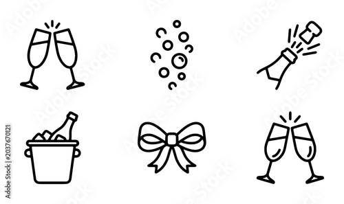 Champagne Icons: Celebration Toast, Bubbles, Bottle Pop, Ice Bucket, Bow Tie, Festive Vector Set