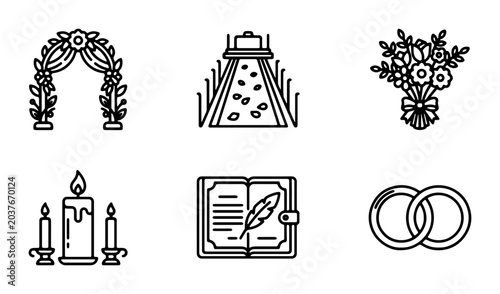 Wedding Icons Set: Arch, Aisle, Bouquet, Candles, Journal, Rings, Vector Graphics