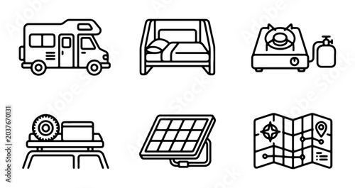 Camping Icons Set: RV, Bed, Stove, Roof Rack, Solar Panel, Map, Vector Graphics