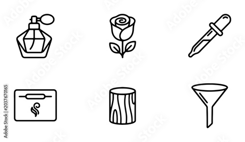 Beauty and Science Icons: Perfume, Rose, Dropper, Lab, Wood, Funnel, Vector Set