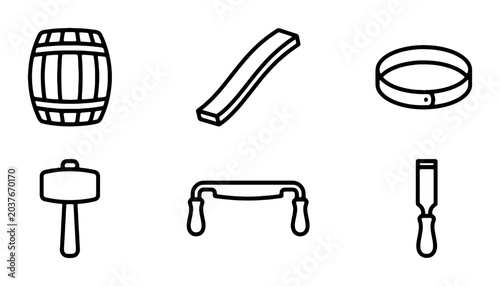 Woodworking Tools Collection, Barrel Icon, Timber Plank, Clamp, Mallet, Spokeshave, Chisel, Craftsmanship Icons