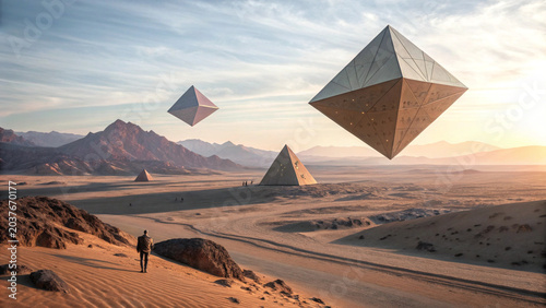 Futuristic Desert Landscape with Floating Pyramids