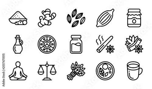 Foto Herbal Medicine Icons, Ayurvedic Spices, Wellness Symbols, Yoga, and Healthy Foo