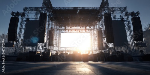 Large concert stage structure with bright stage screen and lighting equipment against clear sky