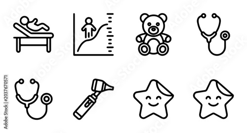 Billede på lærred Pediatric Medical Icons Set, Child Health Care Vector Graphics, Doctor Stethosco