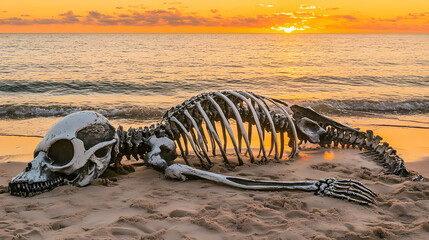 Sunset Skeleton of a Marine Mammal on the Beach