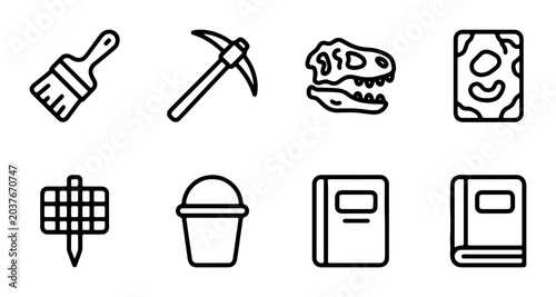 Bild auf Leinwand Paleontology Icons, Dinosaur Skull, Digging Tools, Research Books, Fossil Find,
