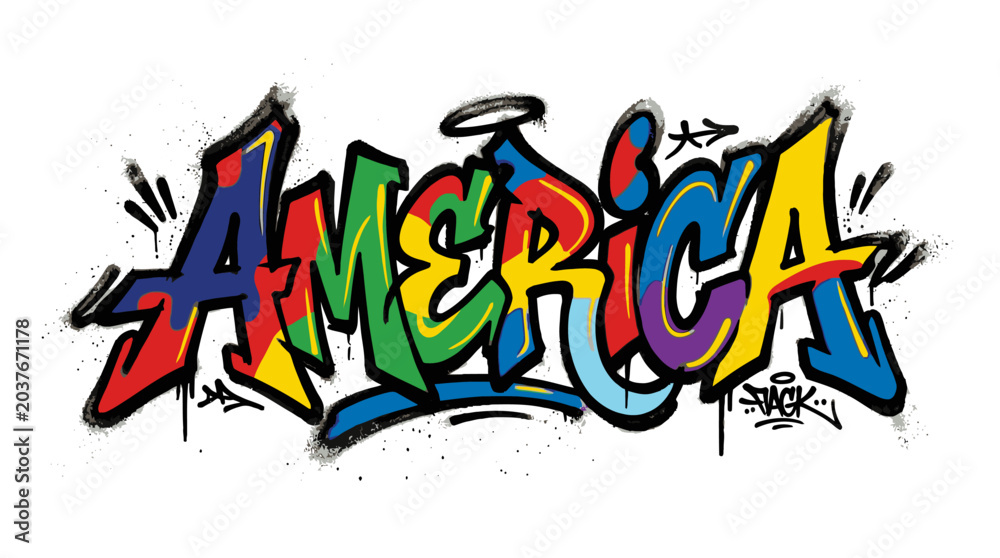 Obraz premium Colorful graffiti-style text reading 'America' with bold lines and vibrant hues on a white background.