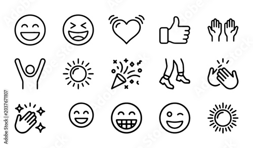 Joyful Celebration Icons: Happy Faces, Thumbs Up, Clapping Hands, Sun, Heart, Party Poppers