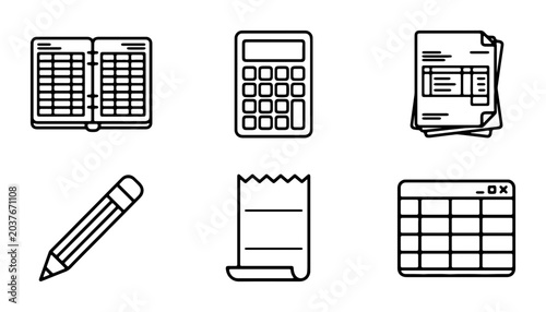 Financial Icons Set: Calculator, Ledger, Receipt, Pencil, Spreadsheet, Invoice for Accounting & Business
