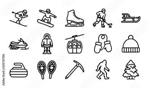 Winter Sports Icons Set: Skiing, Snowboarding, Ice Skating, Hockey, Sledding, Snowmobile, Curling, Snowshoes, Ice Axe, Yeti, Christmas Tree