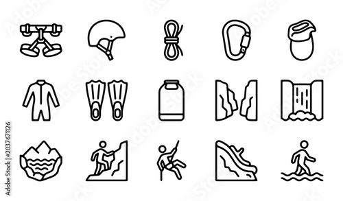 Outdoor Adventure Gear Icons, Extreme Sports Equipment, Climbing, Water Sports, Vector Set