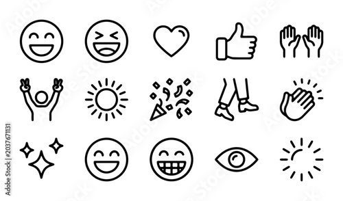 Happy Emoticons, Thumbs Up, Heart, Sun, Confetti Icons. Vector Set for Social Media & Celebration