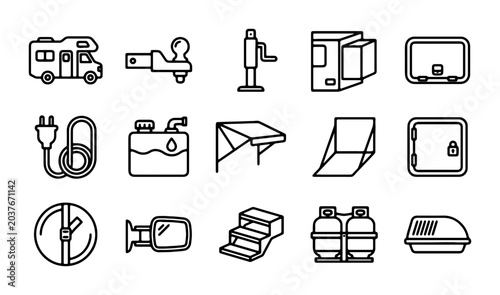 RV Camper Van Accessories, Camping Equipment Icons, Travel Trailer Parts, Motorhome Gear Set