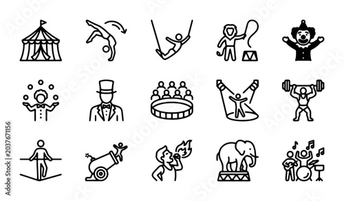 Circus Icons Set: Performance, Acrobat, Elephant, Ringmaster, Juggler, Vector Graphics