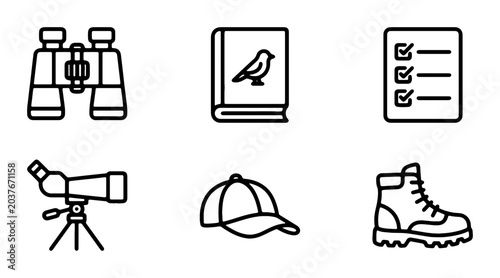 Birdwatching Icons Set: Binoculars, Field Guide, Checklist, Spotting Scope, Cap, Boots