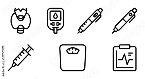Diabetes Medical Icons Set, Insulin Syringe, Glucometer, Thyroid, Scale, Clipboard, Healthcare Vector Graphics