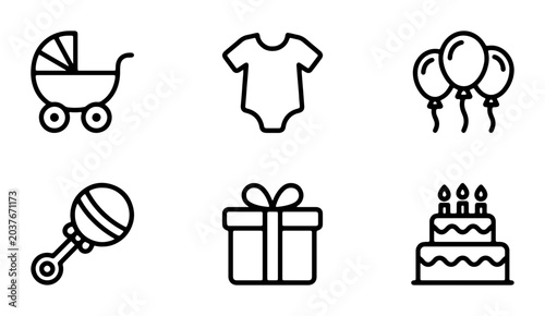 Baby Shower Icons Set, Newborn Celebration Graphics, Birthday Party Symbols, Vector Elements