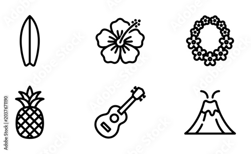 Hawaiian Icons Set: Surfboard, Hibiscus, Lei, Pineapple, Guitar, Volcano Vector Graphics
