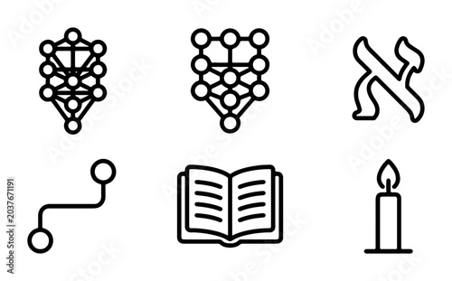 Kabbalah Tree of Life Icons, Hebrew Aleph, Open Book, Candle, Mystical Symbols Vector Set