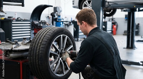 Mechanic repairing car tire inside automotive workshop, focused maintenance work, vehicle service industry, transportation repair and mechanical expertise concept