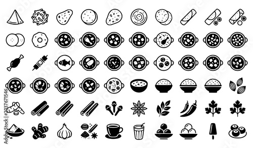 Foto Traditional Indian Food Symbols Monochrome Vector Icon Collection