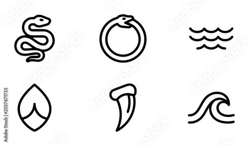 Fotografie Ancient Symbols Vector Icons: Snake, Ouroboros, Water, Leaf, Claw, Waves