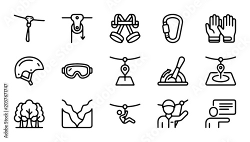 Photos Zipline Adventure Icons, Extreme Sports Gear, Outdoor Activity Equipment, Vector