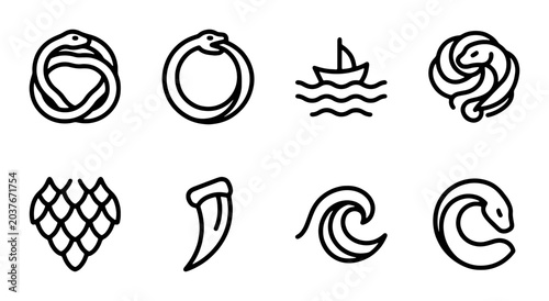 Tableau sur toile Mythical Serpent Symbols, Nautical Icons, Ancient Lore Vector Graphics, Set of 8