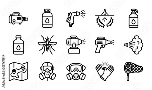 Cuadro en lienzo Pest Control Icons Set: Sprayer, Mosquito, Gas Mask, Net, Map, 15 Vector Element
