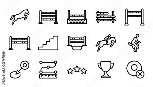 Photos Equestrian Show Jumping Icons Set, Horse Riding Competition Vector Graphics, Spo
