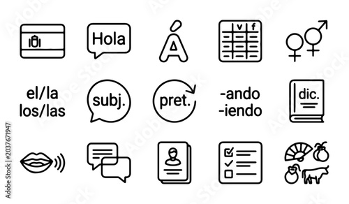 Quadro su tela Spanish Language Learning Icons Set: Grammar, Vocabulary, Communication, Culture