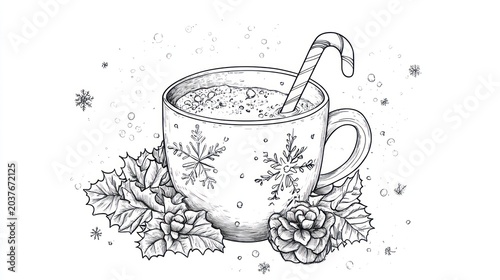 Festive cup with candy cane, nestled in pinecones, simple black and white