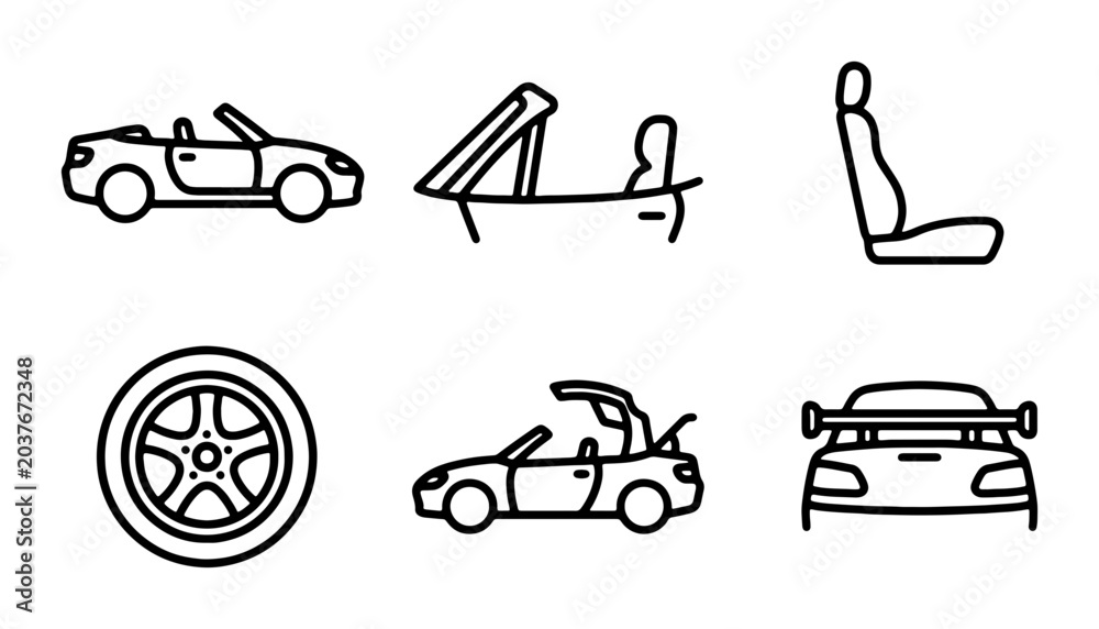 Fototapeta premium Convertible Car Icons: Sports Car, Seat, Wheel, Rear View, Top Up, Open Top
