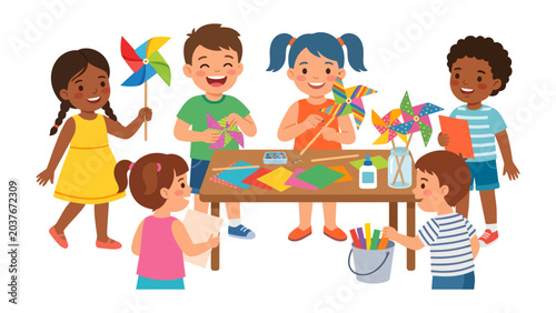 Tableau sur toile Kids Crafting Fun: A vibrant illustration depicts a diverse group of young children engaged in a colorful arts and crafts activity, creating pinwheels and other imaginative projects at a wooden table