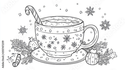 Holiday mug with candy cane and decorations in snow background