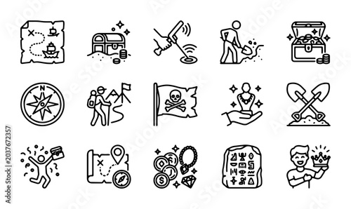Fotografie Treasure Hunt Icons: Map, Compass, Detector, Pirate Flag, Chest, Gems, Gold Coin