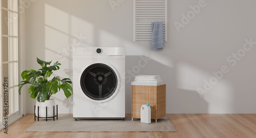 3D rendering of a bright, Laundry room interior with modern washing machine and basket
