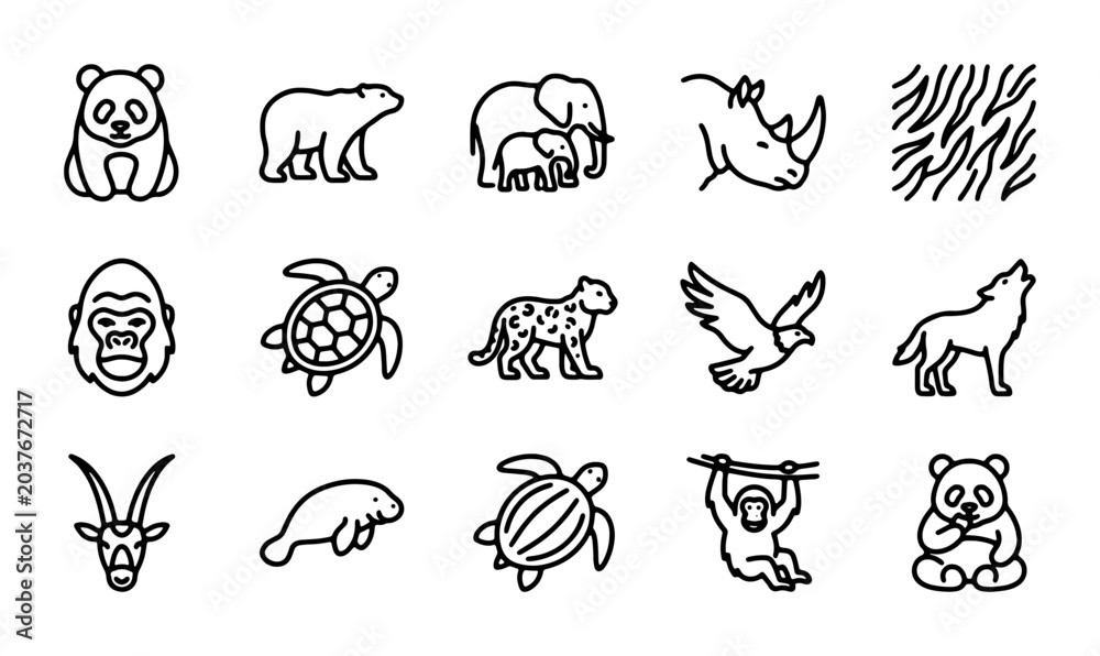 Fototapeta premium Cute Animal Icons Set, Wildlife Vector Graphics, Zoo Creatures Collection, Simple Line Art