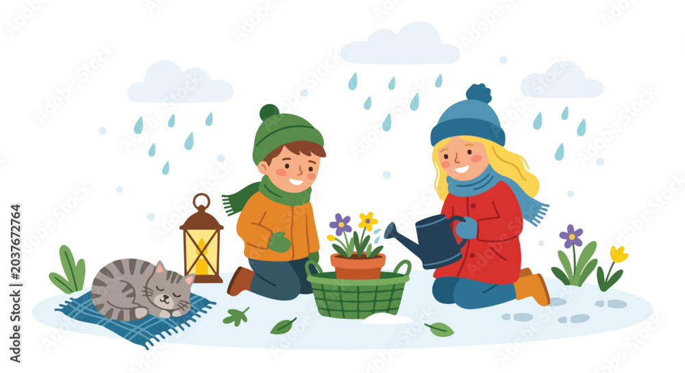 Fototapeta premium Two happy children in winter clothes water a potted flower in the snow while a cat sleeps nearby on a blanket during a rainy day.
