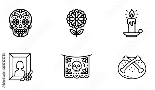 Foto Day of the Dead Icons: Sugar Skull, Marigold, Candle, Portrait, Papel Picado, Pa