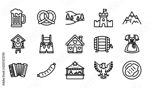 Bavarian Icons Set: Beer, Pretzel, Sausage, Castle, Accordion, Oktoberfest Symbols