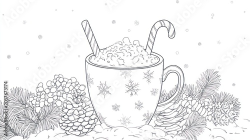 Cocoa with candy canes in a decorated mug with pine cones and snow