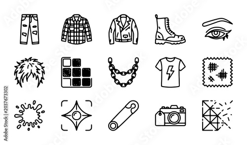 Grunge Fashion Icons Set, Punk Rock Style Clothing & Accessories Vector Graphics