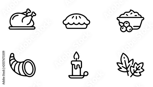 Thanksgiving Icons Set: Roasted Turkey, Pie, Cornucopia, Candle, Leaves, Food Bowl Vector Graphics