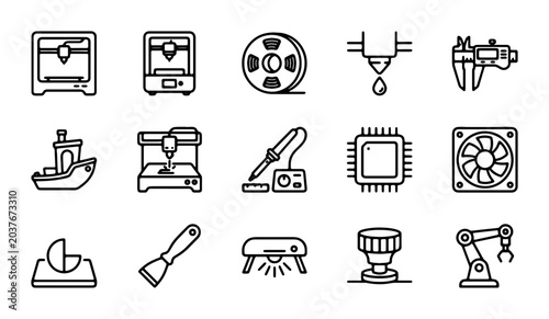 Foto 3D Printing Icons, Additive Manufacturing Symbols, Technology Vector Set